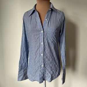 Theory Slim Collar Button Down Classic Costal Stripe Blue Cotton Shirt EUC Sz XS
